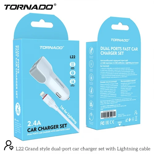 АЗП Tornado L22 USB to Lightning 2USB 2.4A