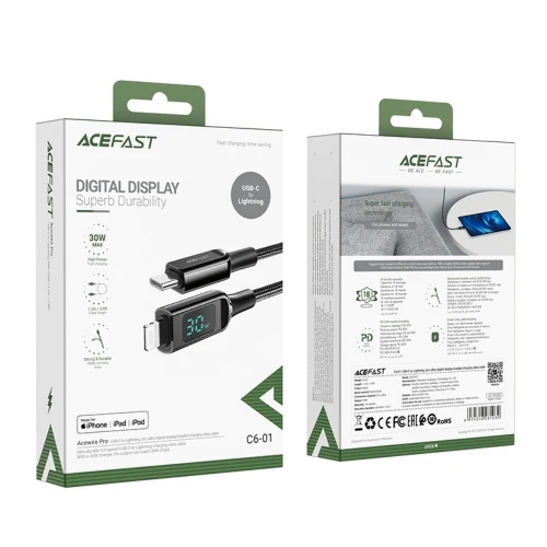 Кабель Acefast C6-01 with display PD 30W 3A Type-C to Lightning 1,2m