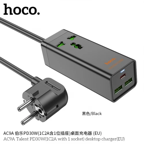 Мережевий фільтр 3Port Hoco AC9A 2USB + USB-C 220V 30W PD 1,5m