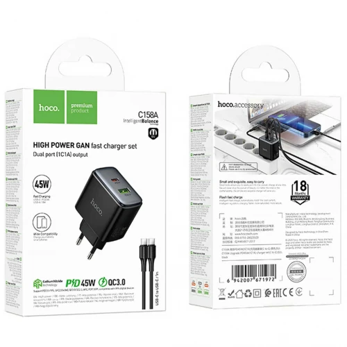МЗП 2Port Hoco C158A PD/QC3.0 45W Type-C to Type-C