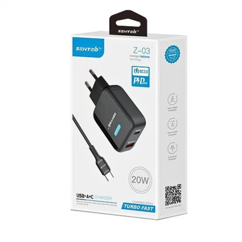 МЗП 2Port SENTEO Z-03 USB+USB-C 3A PD/QC3.0 20W Type-C to Type-C (CE Сертификат)