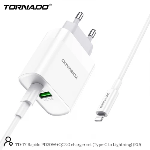 МЗП 2Port Tornado TD-17 USB+USB-C 3A PD/QC3.0 20W Type-C to Lightning