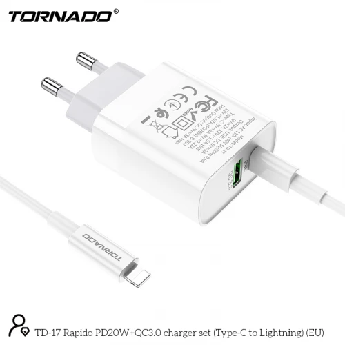 МЗП 2Port Tornado TD-17 USB+USB-C 3A PD/QC3.0 20W Type-C to Lightning