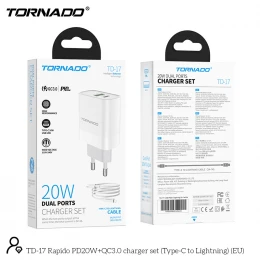 МЗП 2Port Tornado TD-17 USB+USB-C 3A PD/QC3.0 20W Type-C to Lightning