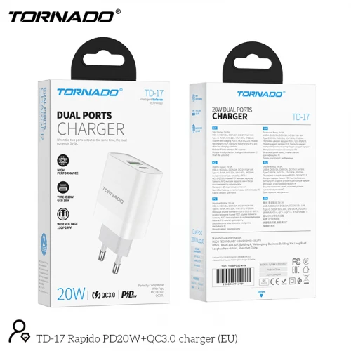МЗП 2Port Tornado TD-17 USB+USB-C 3A PD/QC3.0 20W Type-C to Type-C