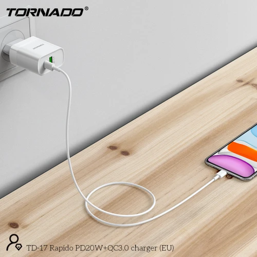 МЗП 2Port Tornado TD-17 USB+USB-C 3A PD/QC3.0 20W Type-C to Type-C